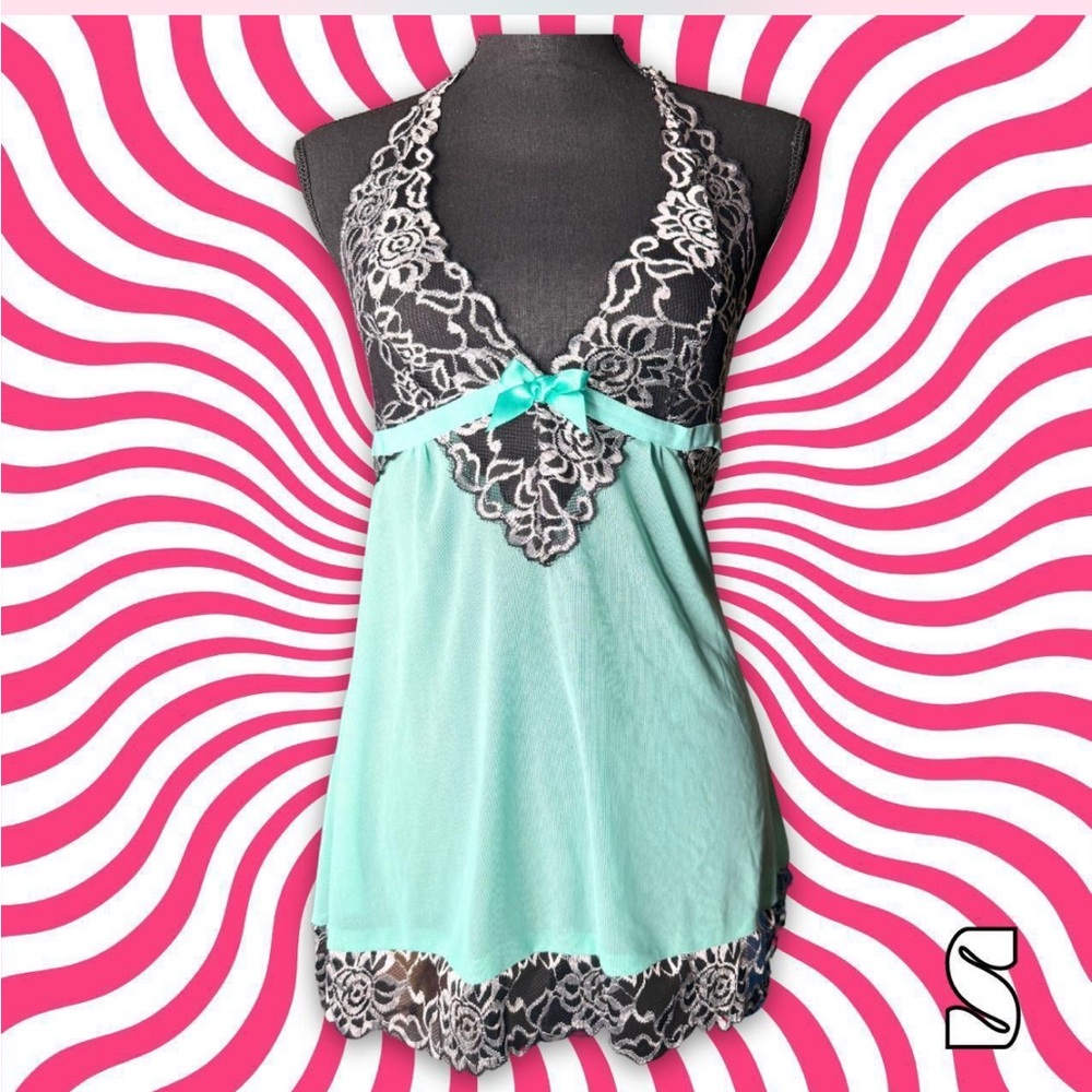 Aqua and Black Lace Babydoll Nightie